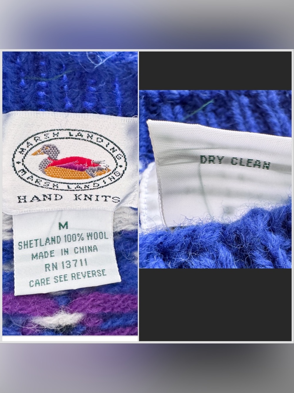 Vintage Marsh Landing Hand Knit Shetland Wool Fair Isle Yoke Sweater M Blue - Picture 3 of 14
